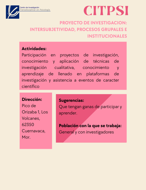 CITPSI PROYECTO DE INVESTIGACION INTERSUBJETIVIDAD, PROCESOS GRUPALES E INSTITUCIONALES